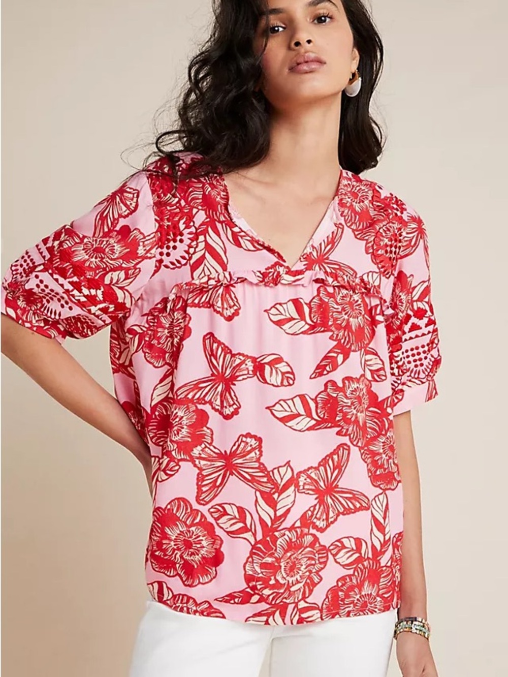 Anthropologie Vineet Bahl Floral Short Sleeve Top Pink Red